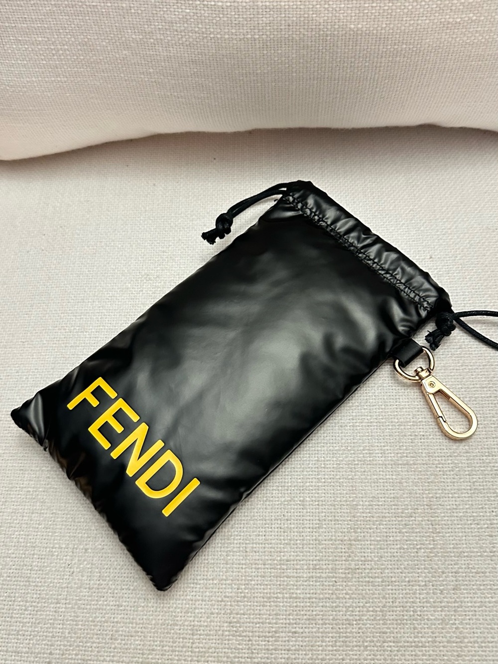 Fendi Black Sunglass Pouch with Yellow Logo and Gold Clip